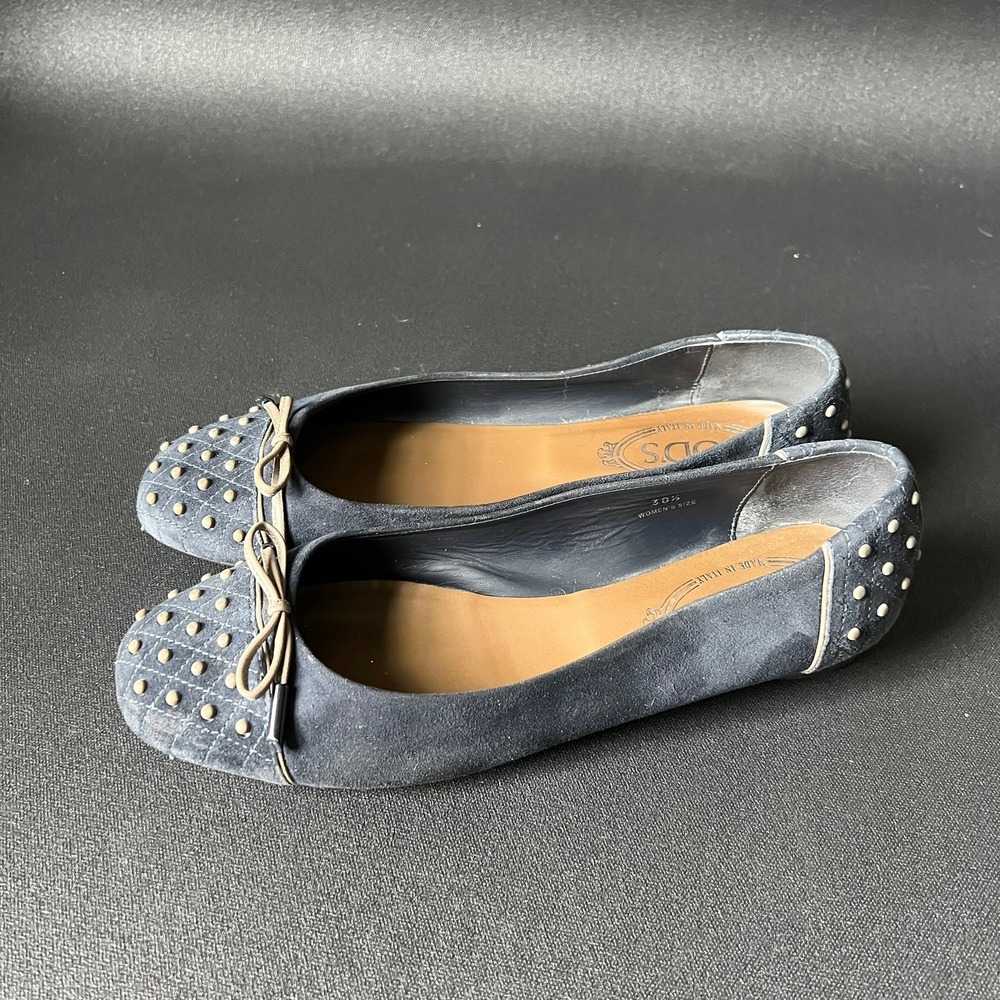 Tods Navy Blue Suede Quilted Studded Ballet Flats Shoes Made in Italy 38.5 US 8